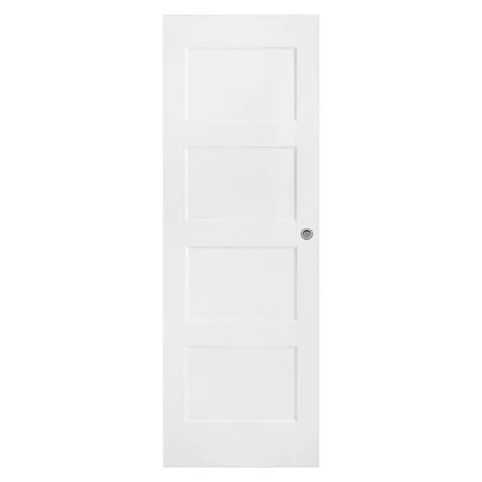 Solid Elements Puerta corredera de madera Bonn - 72,5 x 203 cm, Blanco, Maciza, Con uñero - Vista interior de una puerta blanca con cuatro paneles y un tirador redondo. La puerta tiene un diseño sencillo y moderno y está bien iluminada.