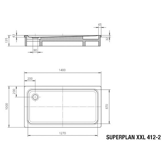 Kaldewei Duschwanne Superplan XXL 412-1L x B: 140 x 100 cm, Stahl, Weiß Sketch