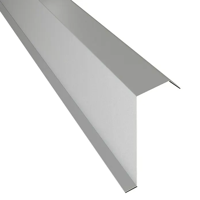 Metdach Kantenwinkel H12 - Verzinkt, Länge: 100 cm, Stahl - Nahaufnahme eines kantigen, silberfarbenen Metallprofils, das für Bau- oder Abdeckungszwecke verwendet wird.