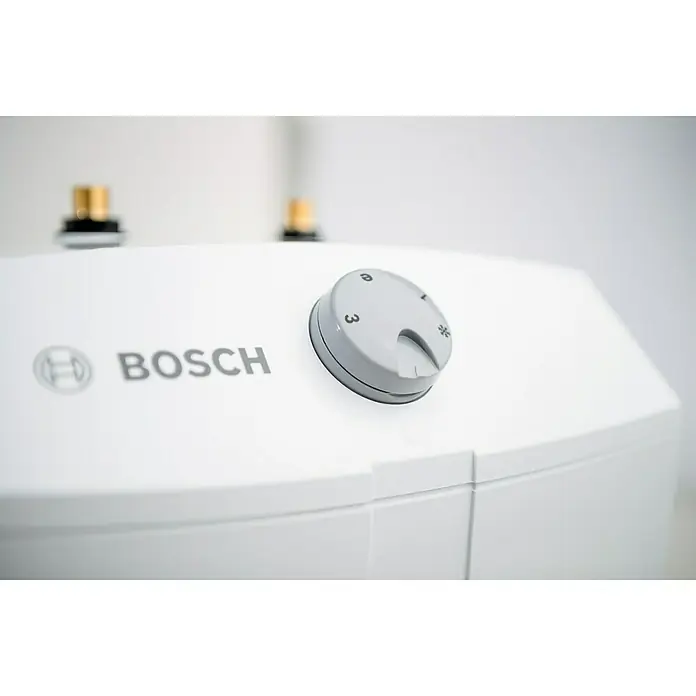 Bosch Warmwasserspeicher Tronic Store Compact - 5 l, 1.800 W, Temperaturbereich: 35 °C - 85 °C, Untertischmontage - Nahaufnahme eines Bosch-Warmwasserbereiters mit Drehknopf zur Temperatureinstellung.