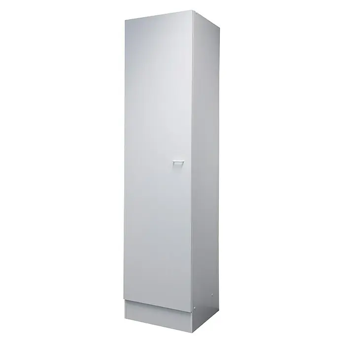 Flex-Well Rapido Geschirrschrank - 47 x 50 x 200 cm, Dekor Front: Weiß, Dekor Korpus: Weiß - Ein eleganter, grauer Hochschrank mit einer einzelnen Tür und einem schlichten Griff, ideal für moderne Raumgestaltung.