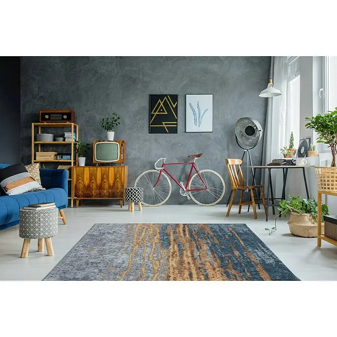 Kayoom Flachgewebeteppich Blaze - Beige/Blau, 170 x 115 cm, 74 % Polyester - Teppich mit abstraktem Muster in Grau- und Goldtönen, der einem Raum einen modernen Touch verleiht.