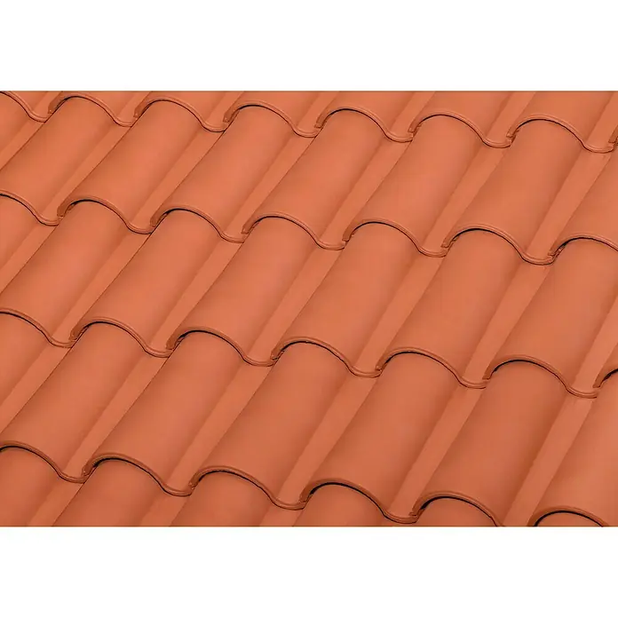 BHS Madrid Teja Mixta TB-10 Con ventilación - 47 x 29,4 cm, Terracota - Primer plano de tejas clásicas naranjas que muestran un material de techado tradicional y duradero.