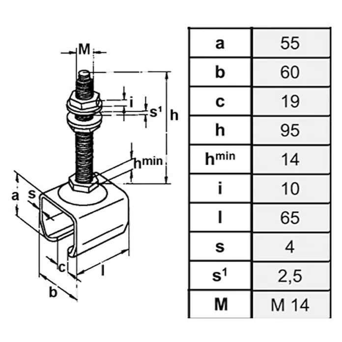 HBS Betz Muffe Typ 40 - Höhenverstellbar, Stahl, Höhe: 150 mm - Schematische Darstellung eines Befestigungselements mit zugehöriger Maßtabelle, die die Abmessungen des Produkts detailliert beschreibt.
