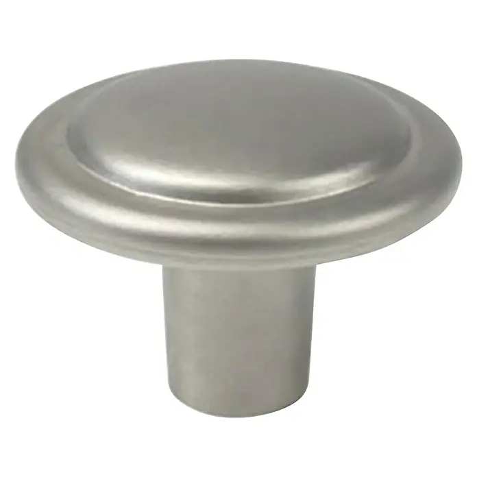 Nesu Pomo para muebles 1302 - Ø x Al: 30 x 21 mm, Acero, Níquel - Primer plano de un tirador de armario de níquel satinado con una parte superior abovedada y una base cilíndrica.