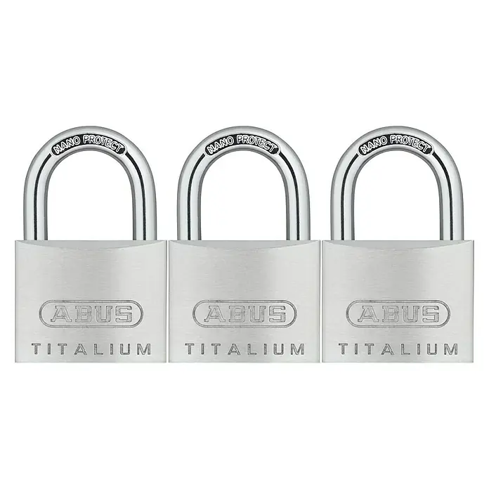 Abus Vorhängeschloss-Set Titalium 64TI - B x H: 40 x 62 mm, 3 Stk., Titalium-Spezialaluminium - Drei ABUS Titalium Vorhängeschlösser mit Nano Protect Beschichtung bieten hohen Schutz und Sicherheit für verschiedene Anwendungen.