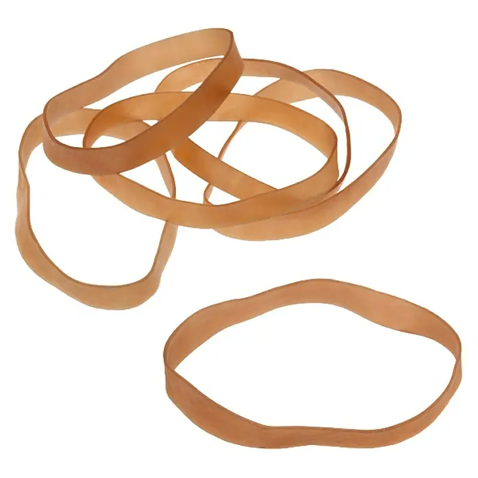 Metaltex Gummi Extra Resistant - Durchmesser: 70 mm, 15 Stk. - Abbildung von braunen Gummibändern, die sich zum Bündeln und Ordnen von Gegenständen eignen. Ideal für Bürobedarf und vielseitige Anwendungen.
