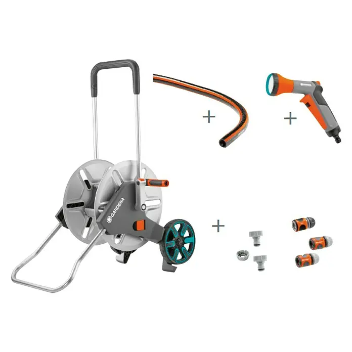 Gardena Kit carro portamangueras AquaRoll M - Metal, Longitud del tubo: 30 m - Set de carro portamangueras Gardena con manguera, pistola rociadora y conectores. Ideal para regar su jardín. Ayudante robusto y práctico.