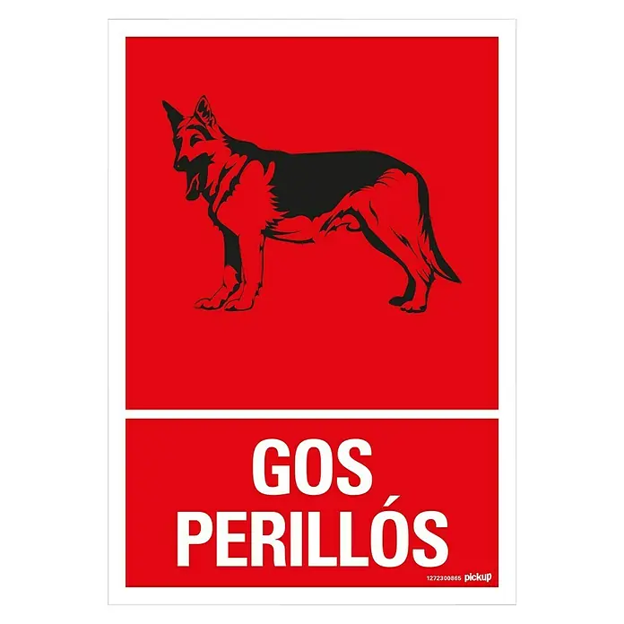 Pickup Señal de precaución catalán - Motivo: Perro peligroso, L x An: 33 x 23 cm - Adhesivo de advertencia rojo con una silueta negra de pastor alemán y el texto "GOS PERILLÓS".