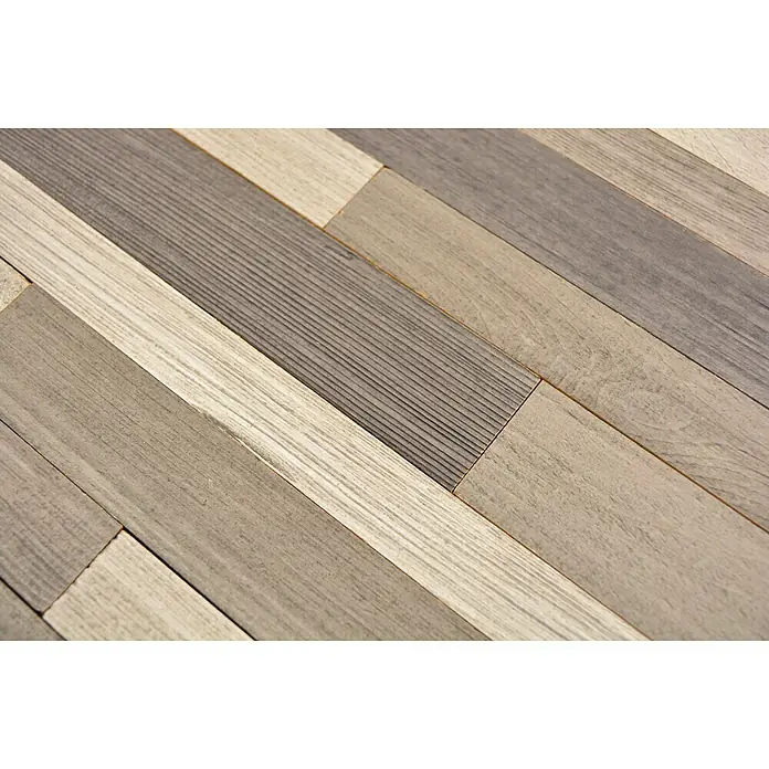 Selbstklebemosaik Woodland SWM PW3 - 30 x 30 cm, Grau, Matt - Nahaufnahme von strukturierten Holzdielen in verschiedenen Farbtönen, die ein warmes und modernes Ambiente ausstrahlen.