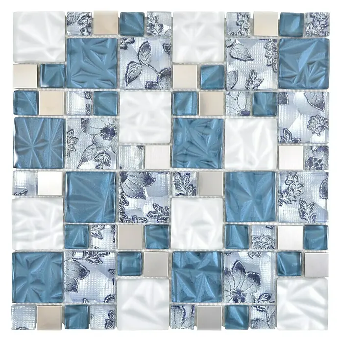 Mosaikfliese Crystal Mix XCM NIKO60 - 30 x 30 cm, Blau/Grau, Glänzend - Elegante blaue und weiße Mosaikfliese mit floralen Akzenten und glänzenden Oberflächen für stilvolle Wandgestaltung.