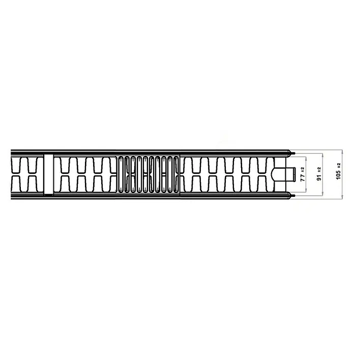 Flachheizkörper - B x H: 900 x 900 mm, Wärmeleistung bei Vorlauftemperatur von 75 °C (D: 50): 2.056 W, Typ Heizkörper: 22 - Abbildung eines Profils mit Maßen. Das Profil verfügt über rechteckige Aussparungen und ist detailliert dargestellt.