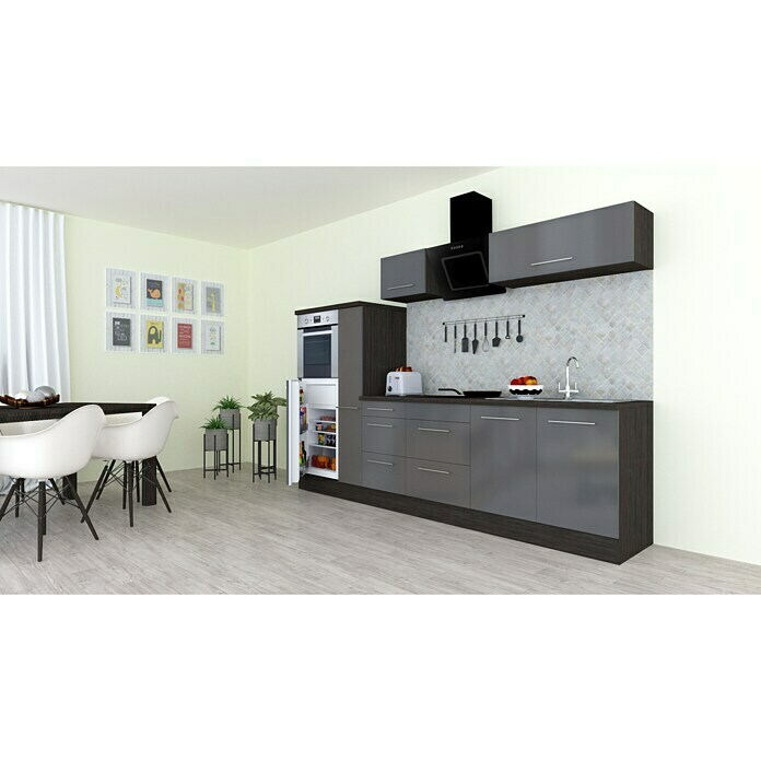 Respekta Premium Composición de cocina (Ancho: 300 cm, Con dispositivos eléctricos, Gris de alto brillo)