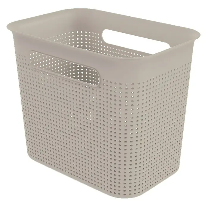 Rotho Aufbewahrungsbox Brisen - L x B x H: 26,2 x 18 x 21,1 cm, Kunststoff, Cappuccino - Auf dem Bild ist ein beigefarbener Aufbewahrungskorb aus Kunststoff mit Griffen und Löchern zu sehen.
