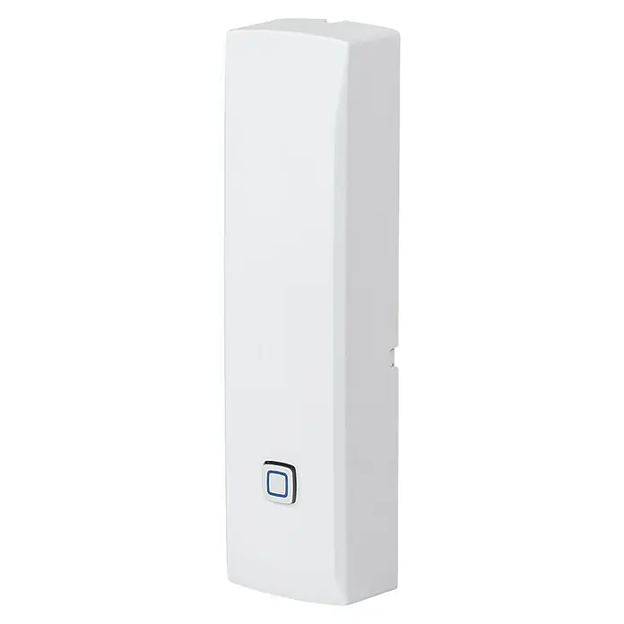 Homematic IP Kontakt-Schnittstelle HmIP-SCI - Grau, Batteriebetrieben, 17 x 26 x 100 mm - Nahaufnahme einer weißen Wandbox mit einem blauen Knopf darauf, die für verschiedene elektronische Geräte oder Smart-Home-Systeme verwendet wird.