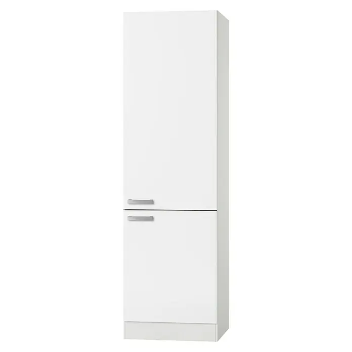 Optifit Oslo Hochschrank - 57,1 x 60 x 206,8 cm, Weiß - Ein eleganter, weißer Hochschrank mit zwei Türen und minimalistischen Griffen, ideal für moderne Wohnräume und zur stilvollen Aufbewahrung.