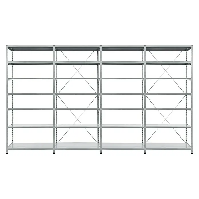 Scholz Metallregal SE - Höhe: 300 cm, B x T: 408 x 60 cm, Traglast pro Boden: 200 kg, Anzahl Böden: 7 Stk., Stecken, Silber - Vier silberne, leere Regale stehen nebeneinander und bieten viel Stauraum. Das robuste Design ist ideal für Lager und Archiv.