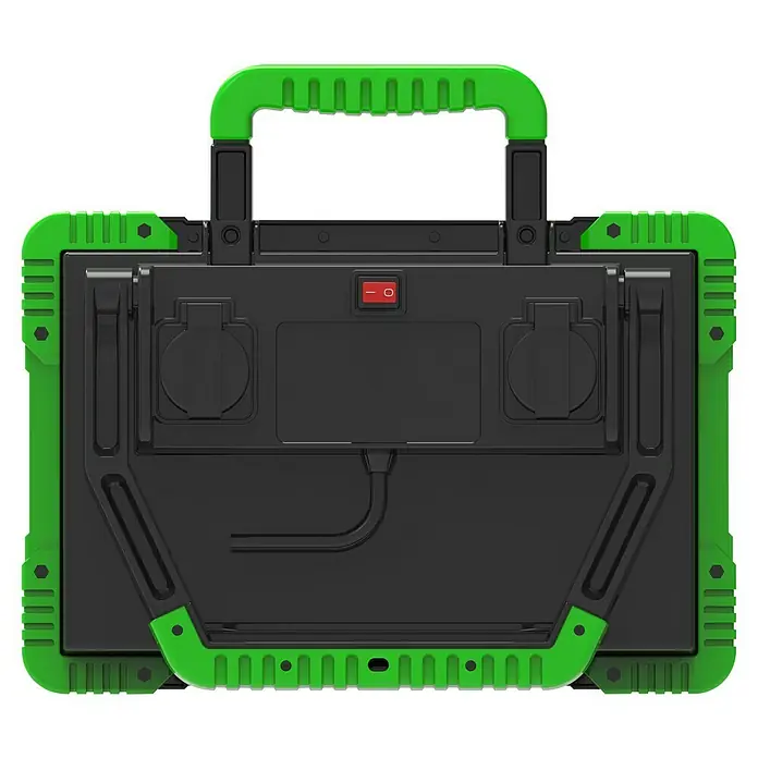 Profi Depot LED-Strahler - 4.000 lm, L x B x H: 38,8 x 34,2 x 10,1 cm, IP54 - Ansicht eines schwarzen und grünen tragbaren Generators mit Griff und Steckdosen.