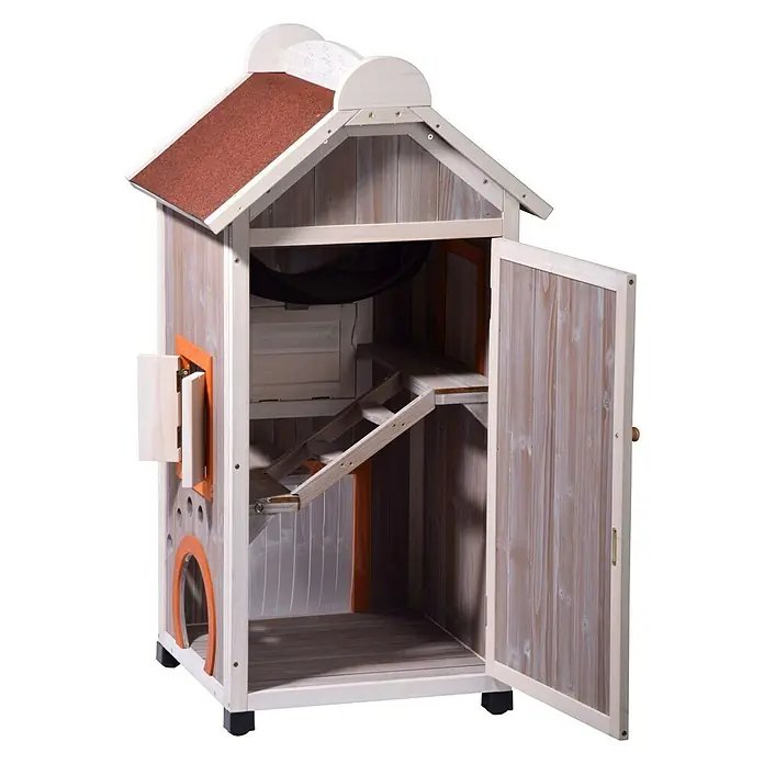 Dobar Katzenhaus Fancy Cat - 58 x 55 x 109 cm - Ein geräumiges Katzenhaus aus Holz mit mehreren Ebenen, einer Leiter und einer Hängematte, ideal zum Spielen und Entspannen für Ihre Katze.
