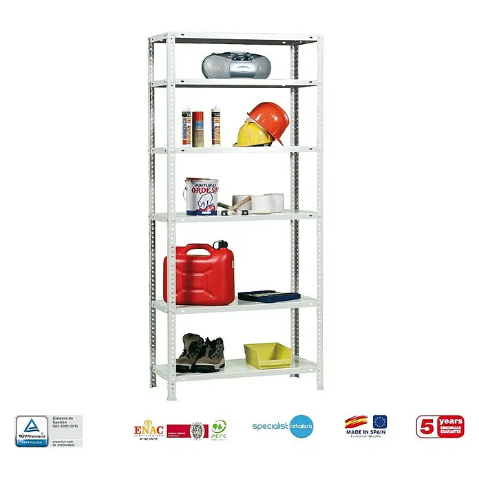 Simonrack Simonclassic Estantería metálica Advantage - Al x An x Pr: 200 x 90 x 40 cm, Capacidad de carga por balda: 75 kg, Número de baldas: 6 ud., Atornillado, Blanco - Estantería metálica blanca de cinco baldas, cargada con herramientas y otros artículos para el taller.