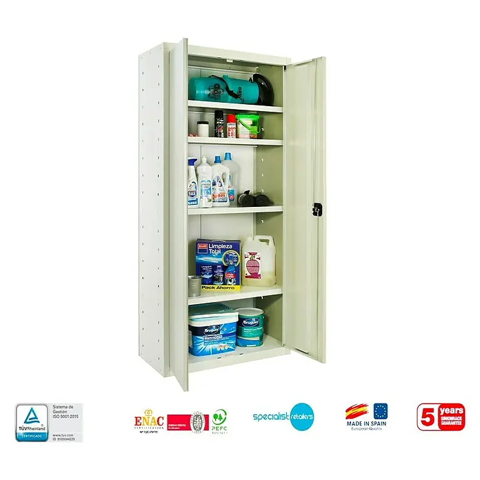 Simonrack Simonlocker Armario multiusos metálico Multi Professional Desmontado - L x An x Al: 40 x 80 x 180 cm, Número de puertas: 2 ud., Gris/Gris - Foto de un armario metálico gris abierto lleno de productos de limpieza y para el hogar, con varios logotipos en la parte inferior.