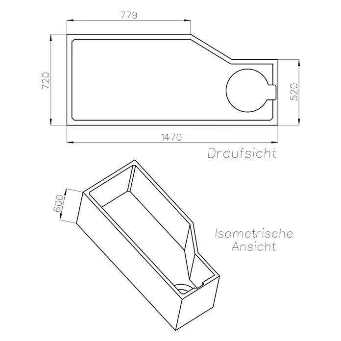 Ottofond Badewannenträger Flint A - Passend für: Badewanne Flint A 150 x 75 cm - Draufsicht und isometrische Ansicht einer rechteckigen Duschwanne mit integriertem Sitzbereich und den Maßen 1470x720x600 mm.