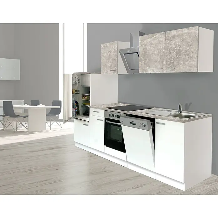 Respekta Composición de cocina Malia bajo - Ancho: 280 cm, Blanco, Gris, Con electrodomésticos - Cocina completa: muebles bajos blancos, encimera y altos efecto hormigón, electrodomésticos integrados. Nevera abierta.