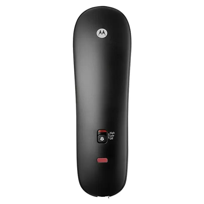Motorola Teléfono fijo CT50 - Negro - Teléfono negro Motorola con logotipo de Motorola, control de volumen del timbre (Alto, Bajo, Apagado) e icono de indicador de mensajes.