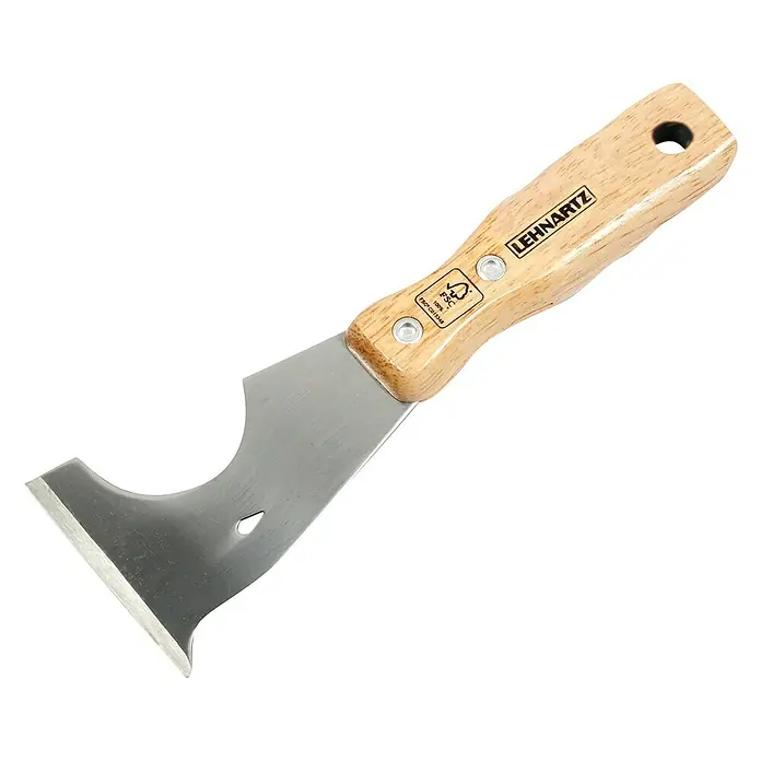 Lehnartz Abscherspachtel Multi 6-in-1 - Klingenbreite: 8 cm - Ein detailreiches Bild eines Lehartz Schabers mit Holzgriff und silberner Klinge.