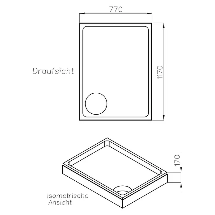 Ottofond Duschwannenträger Manila - L x B: 117 x 77 cm, Expandiertes Polystyrol, Weiß - Technische Zeichnung einer Duschwanne mit den Maßen 770 x 1170 x 170 mm, Draufsicht und isometrische Ansicht.