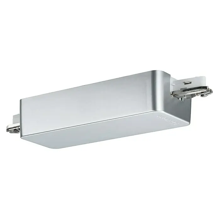 Paulmann URail Controlador de intensidad y conmutación Smart Home ZigBee - 400 W, Metal, Cromado mate - Foco de carril color plata con adaptadores blancos. El foco tiene un diseño sencillo y es adecuado para sistemas de iluminación modernos.