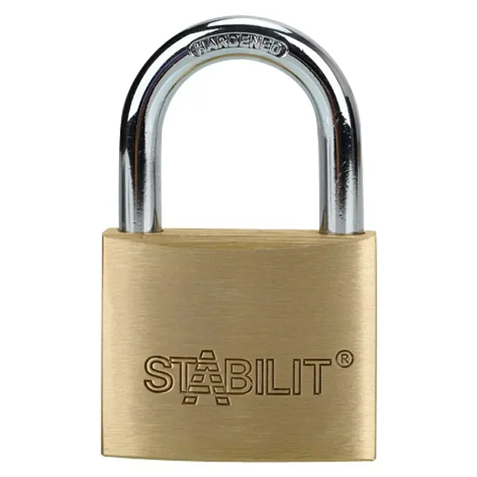 Stabilit Candado M50 - Ancho: 50 mm, Espesor de estribo: 8 mm - Primer plano de un candado Stabilit con grillete endurecido para mayor seguridad.