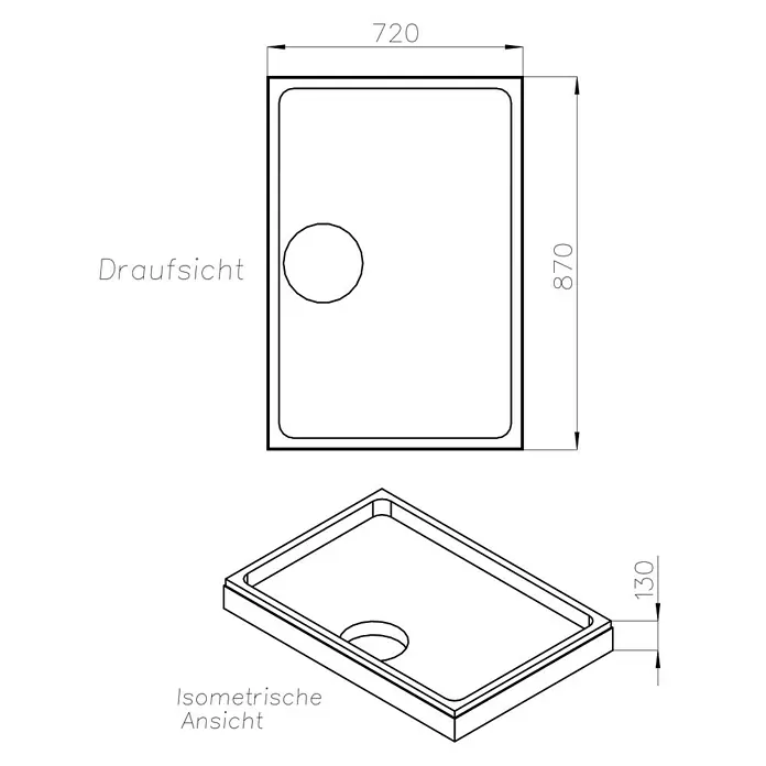 Ottofond Duschwannenträger Coco-R - L x B: 87 x 72 cm, Expandiertes Polystyrol, Weiß - Technische Zeichnung einer Duschwanne mit den Maßen 720 x 870 x 130 mm in Draufsicht und isometrischer Ansicht.