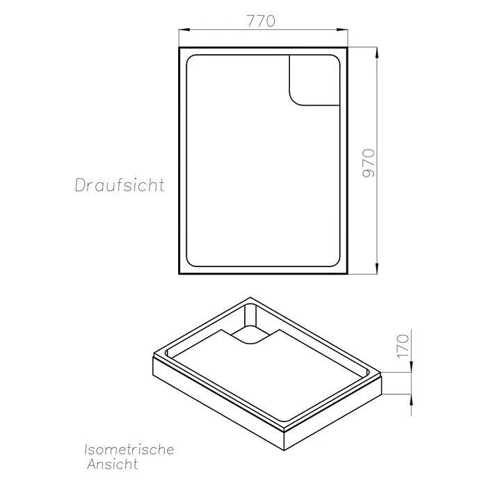 Ottofond Duschwannenträger Manila - L x B: 97 x 77 cm, Expandiertes Polystyrol, Weiß - Technische Zeichnung einer Duschwanne mit den Maßen 770x970x170 mm.