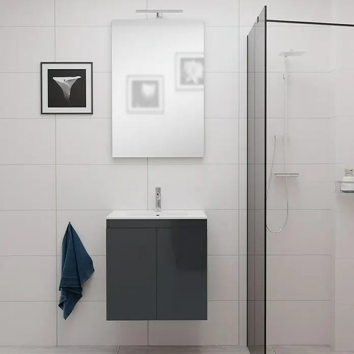 Camargue Espacio Badmöbel-Set E75 - 60 cm, Gama anthrazit glänzend - Badezimmer mit Waschtischunterschrank in Anthrazit, Spiegel und Dusche. Modernes Design für ein stilvolles Bad mit praktischer Stauraumlösung.