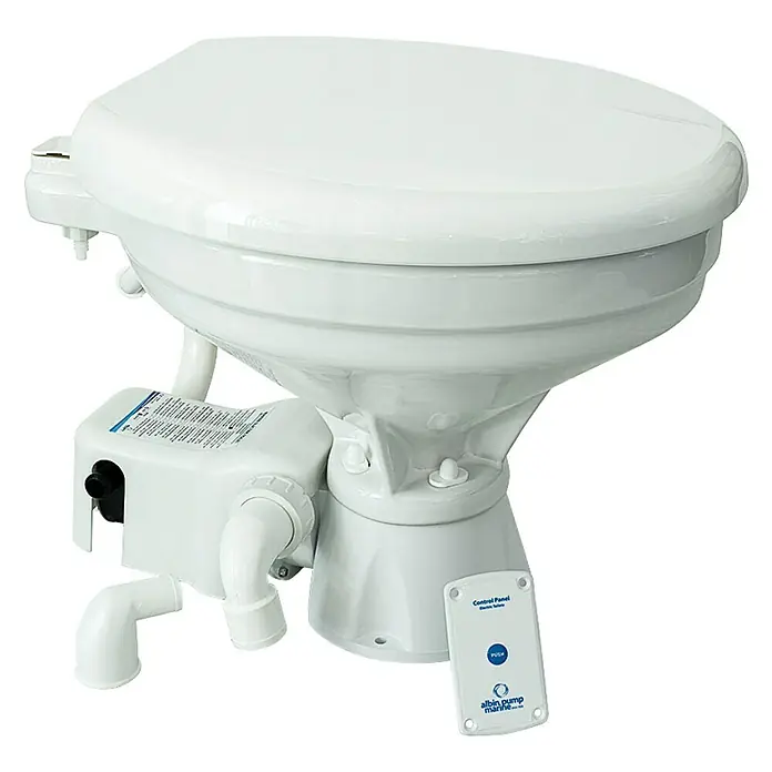 Albin Pump Bordtoilette Standard Elektro EVO Comfort 12V - L x B x H: 49 x 34 x 47 cm, Keramik - Bild eines Albin Pump Marine WCs. Es ist eine tragbare, wassergespülte Toilette, die ideal für Boote und andere kleine Räume geeignet ist.