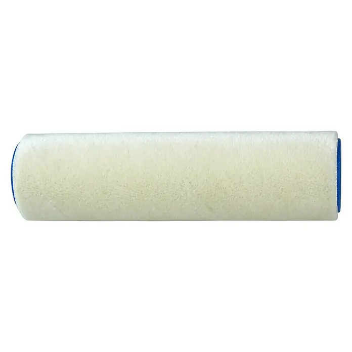 F18 Farbwalze - Breite Rolle: 18 cm, Durchmesser: 50 mm, Materialspezifizierung: Mohair - Nahaufnahme einer Farbwalze mit blauem Ende und weißem Stoff, die für Malerarbeiten verwendet wird.