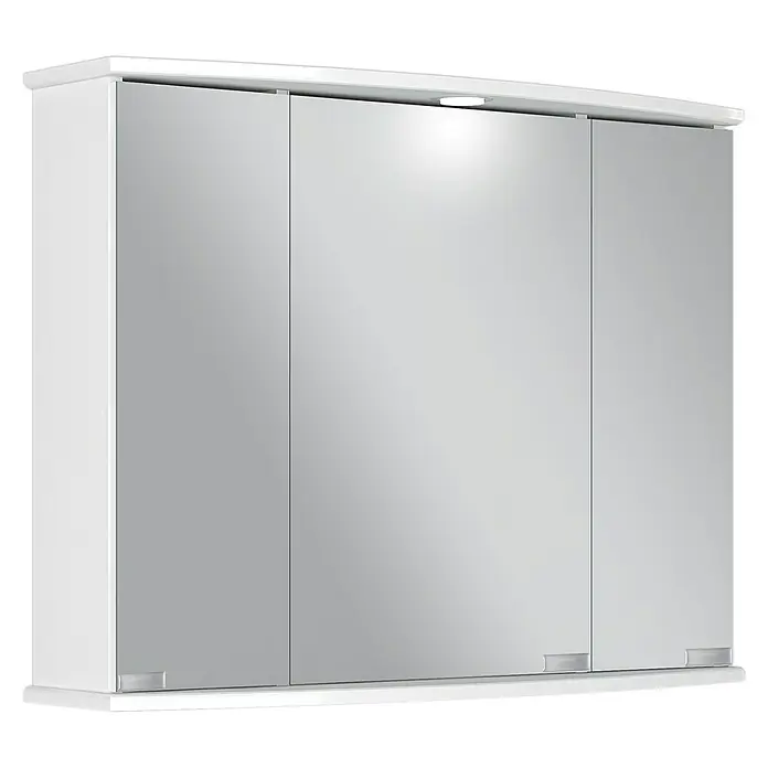 Riva LED-Spiegelschrank Rally - B x H: 82 x 63,4 cm, Holz, Weiß - Ein weißer Spiegelschrank mit drei Türen und integrierter Beleuchtung, ideal für Badezimmer.