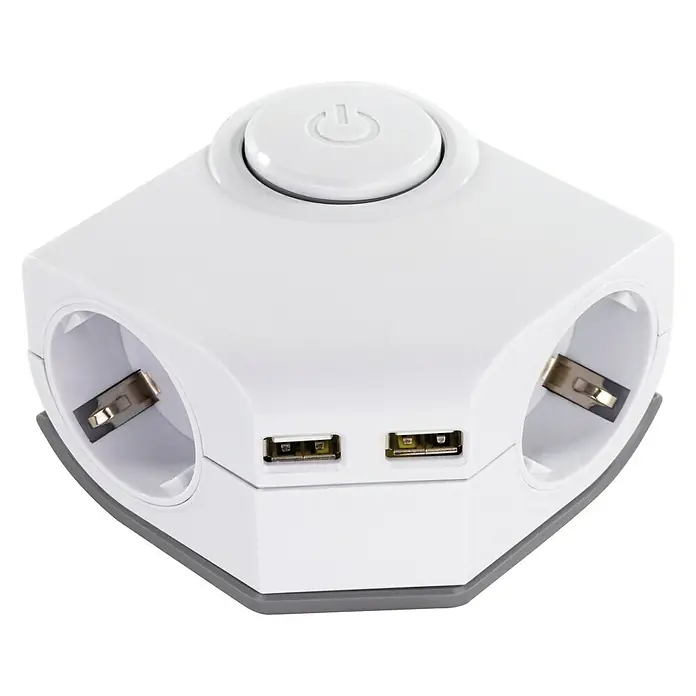REV Steckdosenleiste - 2-fach, Weiß, Kabellänge: 1,5 m, IP20, Mit Schalter - Eine weiße Steckdosenleiste mit mehreren Anschlüssen und USB-Ports für zusätzlichen Komfort im Haushalt.