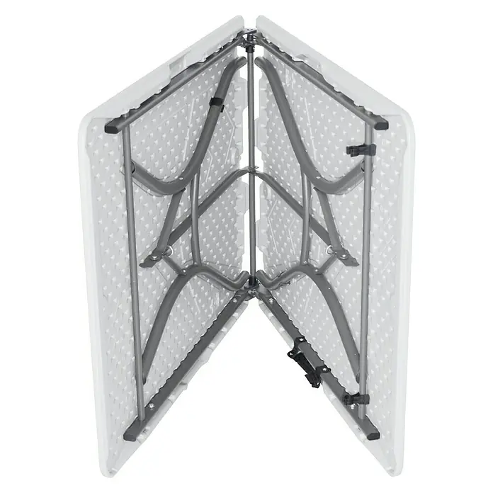 Lifetime Gartentisch - L x B x H: 183 x 76 x 74 cm, Polyethylen, Stahl, Rechteckig, Weiß - Ansicht eines zusammengeklappten, rechteckigen, weißen Klapptisches mit grauem Metallrahmen.