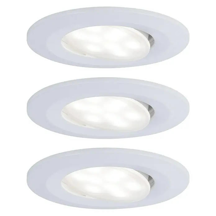 Paulmann LED-Einbauleuchten-Set - 6 W, Weiß, 3 Stk., Warmweiß - Nahaufnahme von drei weißen LED-Einbaustrahlern, die an einer Decke montiert sind und ein helles, indirektes Licht ausstrahlen.