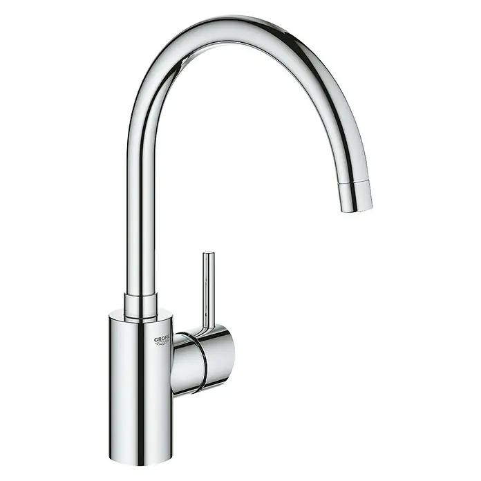 Grohe Concetto Spültischarmatur - C-Auslauf, Chrom, Glänzend, Schwenkbar - Nahaufnahme eines eleganten Grohe Küchenarmaturs mit hohem Auslauf und Einhebelmischer in glänzendem Chrom.