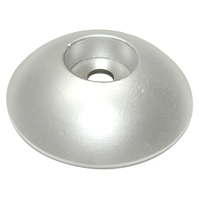 Rumpfanode - Zink, Ø x H: 110 x 31 mm, Salzwasser, Schrauben - Nahaufnahme einer silbernen Abdeckrosette für Sanitäranlagen mit einer Öffnung in der Mitte.
