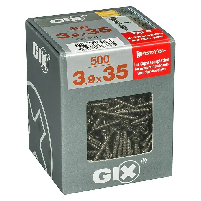Spax Trockenbauschraube GIX C - Durchmesser: 3,9 mm, Länge: 35 mm, Senkkopf, 500 Stk. - Eine Packung GIX-Schrauben, Typ C, 3,9x35 mm, 500 Stück, für Gipsfaserplatten, mit Sichtfenster zur Inhaltsanzeige.