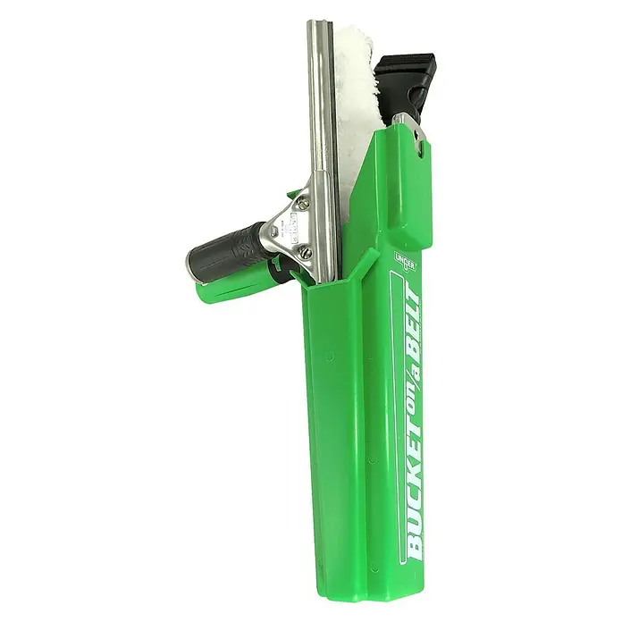Unger Werkzeugträger Bucket on a Belt - B x T x H: 10,5 x 10,5 x 35 cm - Fensterreinigungswerkzeug: Grüner UNGER Eimer am Gürtel mit Fensterabzieher und Einwascher für professionelle Fensterreinigung.