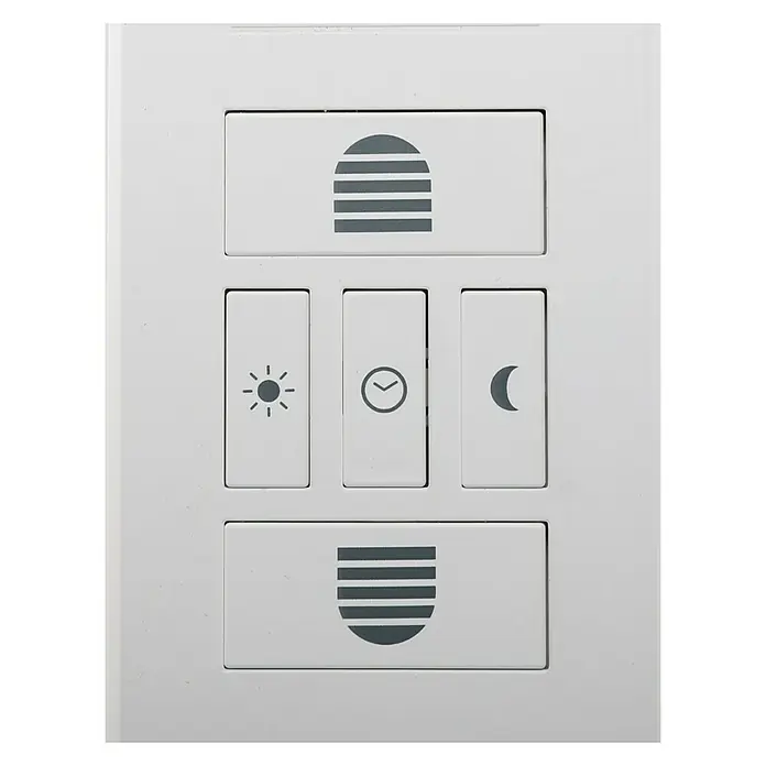 Schellenberg Recogedor de cinta de persiana Rollo Drive 65 Standard - Fuerza de tracción: 45 kg, Anchura de la correa: 23 mm, Empotrado - Primer plano de un moderno interruptor de luz blanco con varios símbolos para las opciones de control de la iluminación.