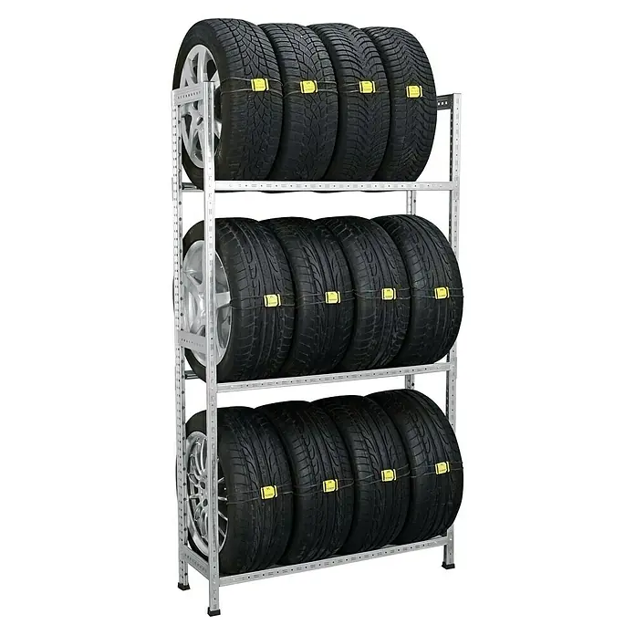 Scholz Reifenregal Grundelement - H x B x T: 228 x 129 x 32 cm, Traglast pro Träger: 200 kg, Anzahl Träger: 3 Stk., Stecken, Silber - Reifenregal mit drei Ebenen. Jede Ebene bietet Platz für vier Reifen mit Felgen, ideal für die Lagerung von Sommer- oder Winterreifen.