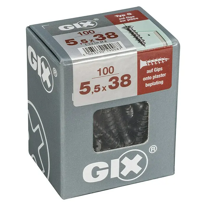 Spax Trockenbauschraube GIX G - Durchmesser: 5,5 mm, Länge: 38 mm, Trompetenkopf, 100 Stk. - Eine Packung Gips-Schrauben (5,5x38) der Marke GIX, geeignet für die Befestigung von Gipsplatten und anderen Trockenbauarbeiten.
