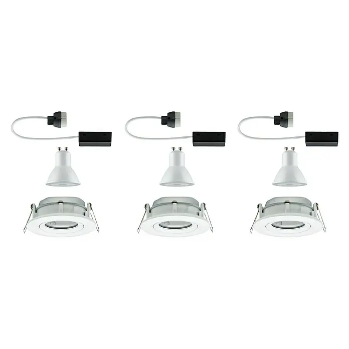 Paulmann Nova LED-Einbauleuchten-Set Coin - 7 W, Warmweiß, IP65, 3 Stk., Weiß - Bild von drei weißen LED-Deckeneinbaustrahlern mit Zubehör für die Installation, ideal für moderne Innenräume.
