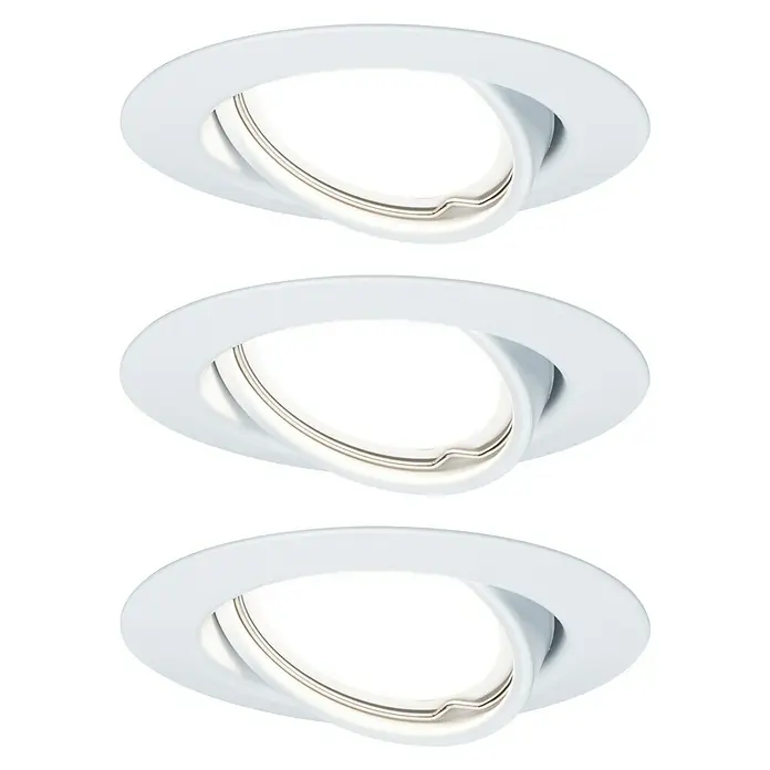 Paulmann LED-Einbauleuchten-Set Base Rund - 5 W, Weiß, 3 Stk., Warmweiß - Drei weiße, drehbare LED-Deckeneinbauleuchten mit runder Blende auf schwarzem Hintergrund.
